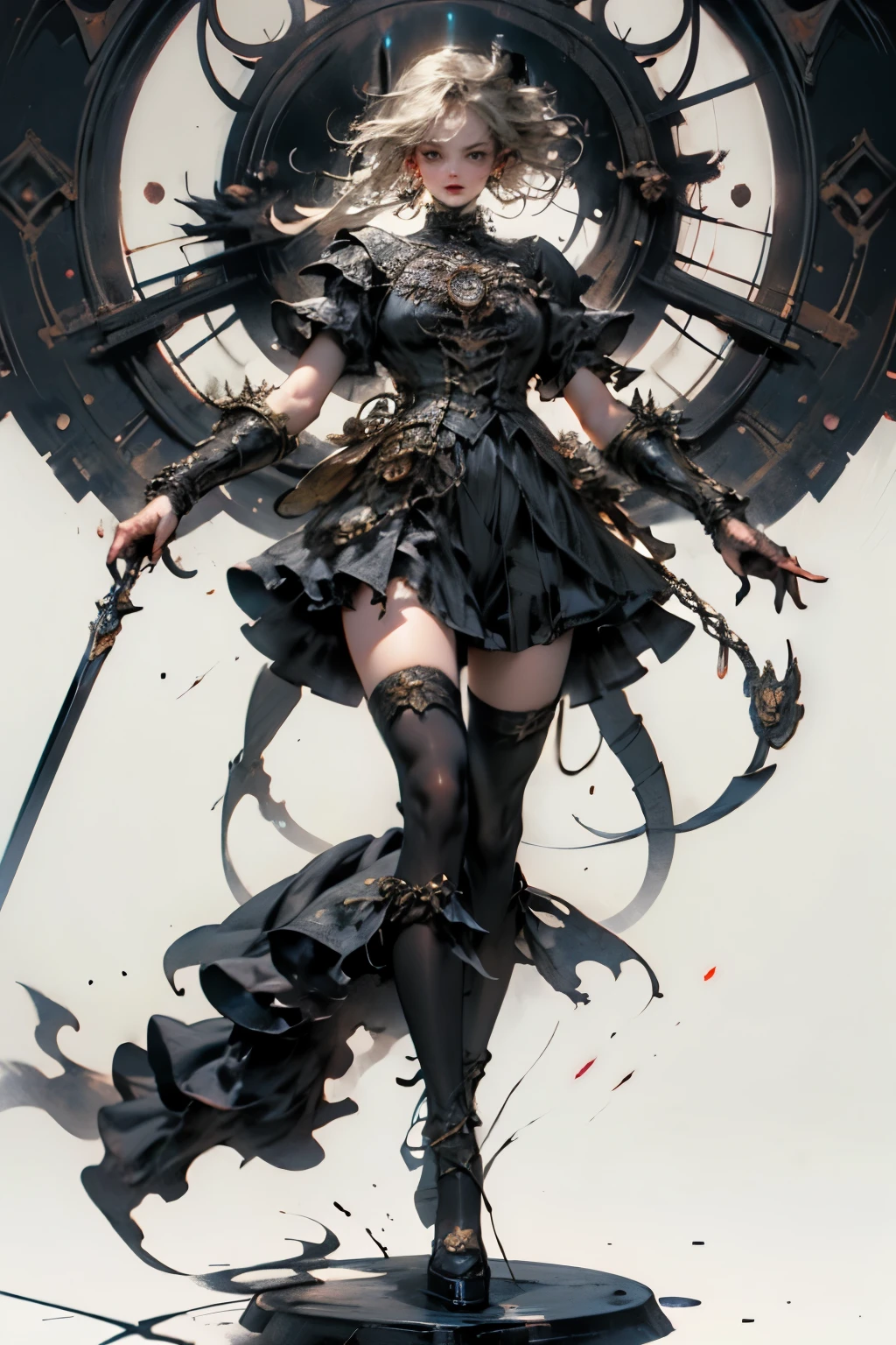 ((best quality)), ((masterpiece)), (detailed), perfect face ((best quality)), ((masterpiece)), (detailed), blank white background, plain background, white background, Bloodborne inspired, occult aesthetic, occult, detailed and intricate steampunk and detailed gothic, (zentangle, mandala, tangle, entangle), NSFW, torn clothing, Very dramatic and cinematic lighting, cosmic horror, grim-dark, side-lighting, perfect face, a beautiful goddess adorned and enshrined in armour, Bloodborne inspired , occult aesthetic , occult , detailed and intricate steampunk and detailed gothic , wielding a sword and holding a shield, NSFW, Fluttering lace flared short dress with frilly petticoats, knee length dress, pleated petticoats, ta dress, petticoats gothic loliside-lighting, gothic lolita aetic, beautiful small breasts, small breasts, full body, whole body, body, plain background, white background, blank background, no background, white background NSFW, full body, whole body, head-to-toe