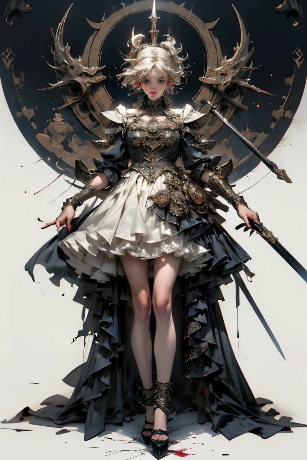 ((best quality)), ((masterpiece)), (detailed), perfect face ((best quality)), ((masterpiece)), (detailed), blank white background, plain background, white background, Bloodborne inspired, occult aesthetic, occult, detailed and intricate steampunk and detailed gothic, (zentangle, mandala, tangle, entangle), NSFW, torn clothing, Very dramatic and cinematic lighting, cosmic horror, grim-dark, side-lighting, perfect face, a beautiful goddess adorned and enshrined in armour, Bloodborne inspired , occult aesthetic , occult , detailed and intricate steampunk and detailed gothic , wielding a sword and holding a shield, NSFW, Fluttering lace flared short dress with frilly petticoats, knee length dress, pleated petticoats, lolita dress, petticoats gothic lolita, side-lighting, gothic lolita aesthetic, beautiful small breasts, small breasts, full body, whole body, body, plain background, white background, blank background, no background, white background NSFW, full body, whole body, head-to-toe