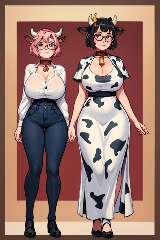 mother and daughter, cow girl, wide hips, cow ears, cow horns, bell, collar, huge breasts, cow pattern clothes, revealing clothes, standing, full body, short hair, curvy, glasses, blushing face