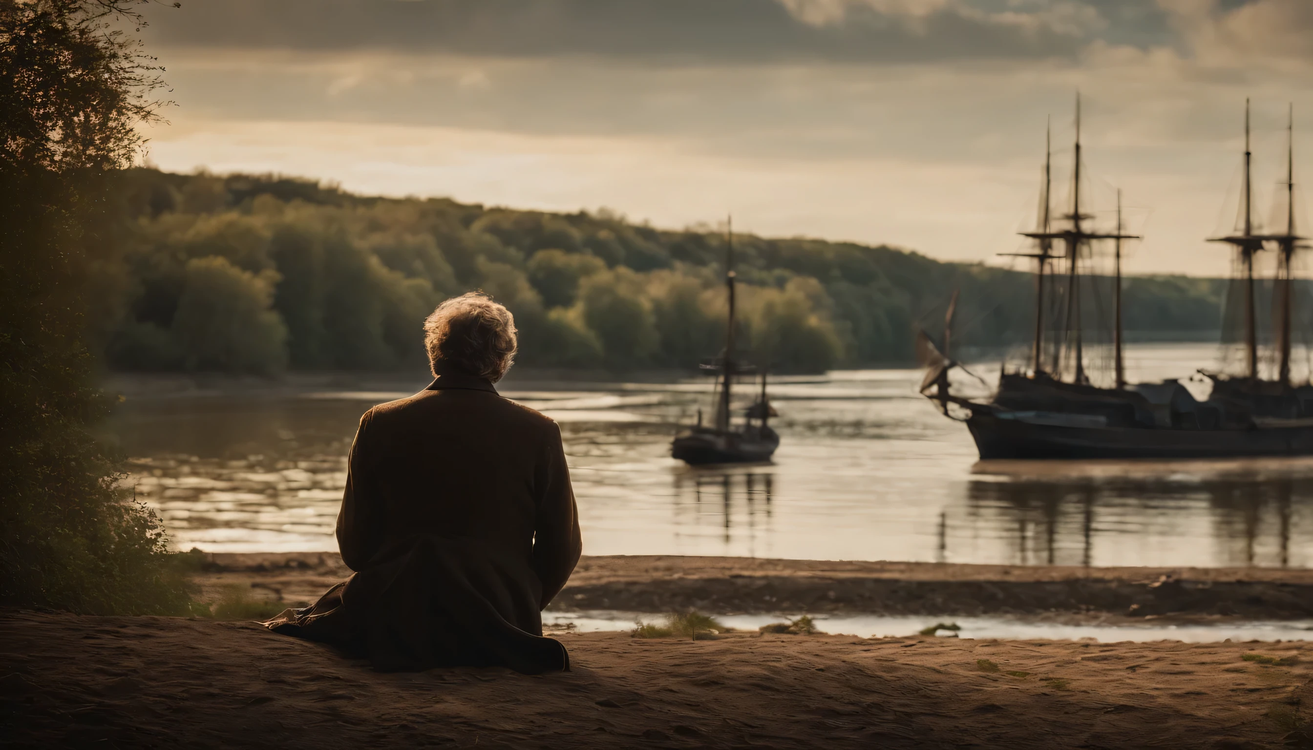 Young Jules Verne sitting by the Loire River, gazing at the ships and dreaming of sea adventures."
