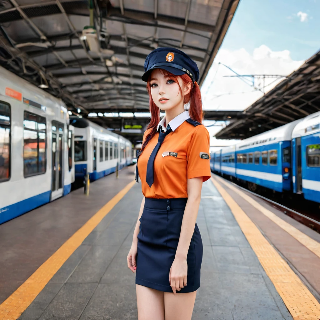 1girl, solo, red hair, red eyes, twintails, employee uniform, pencil skirt, skull print, navy cap, orange sky,, outdoors, train station, standing in front of bus,, 