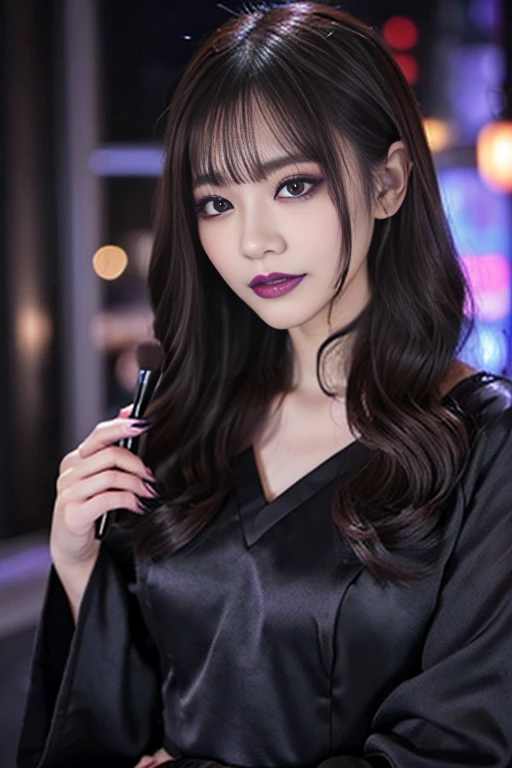 2girls、best quality、ultra-detailed、4k、Japanese、Seductive beauty、seductive adult woman、Pretty Woman、cool girl、Villainess、Brainwashed、brainwash、Fallen into evil、smirk、Evil look、Wicked Smile、evil、Brown hair、wavy hair、swept bangs、dark makeup、dark makeup、piercing eyes、hollow eyes,half-closed eyes、Hollow Eyes、Purple Eyeshadow、black lipstick、black lipglos、Long Black Cheongsam、Wide sleeves、night、Eerie Citadel、makeup brush、Make up、Are standing、