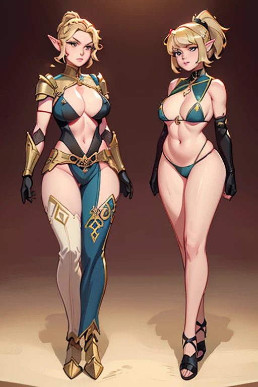 mother and daughter (mother: wide hips, elf pointy ears, full body, standing, revealing armor, curvy, huge breasts, bodysuit, blonde hair, ponytail hairstyle) (daughter: shortstack,  girl, wide hips, elf pointy ears, full body, standing, revealing armor, gloves, black hair, bob cut hairstyle, bikini armor)