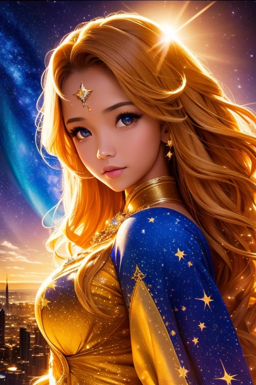 1girl, aurora, breasts, castle, city lights, cloud, constellation, crescent, crescent moon, earth \(planet\), full moon, galaxy, jewelry, light particles, long hair, medium breasts, milky way, moon, moonlight, night, night sky, planet, shooting star, sky, skyline, snowing, solo, space, star \(sky\), starry background, starry sky, starry sky print, sun, tower, very long hair