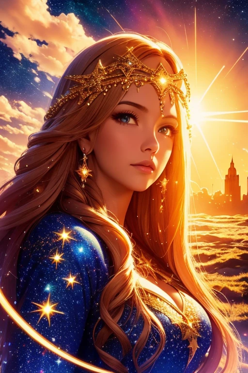 1girl, aurora, breasts, castle, city lights, cloud, constellation, crescent, crescent moon, earth \(planet\), full moon, galaxy, jewelry, light particles, long hair, medium breasts, milky way, moon, moonlight, night, night sky, planet, shooting star, sky, skyline, snowing, solo, space, star \(sky\), starry background, starry sky, starry sky print, sun, tower, very long hair