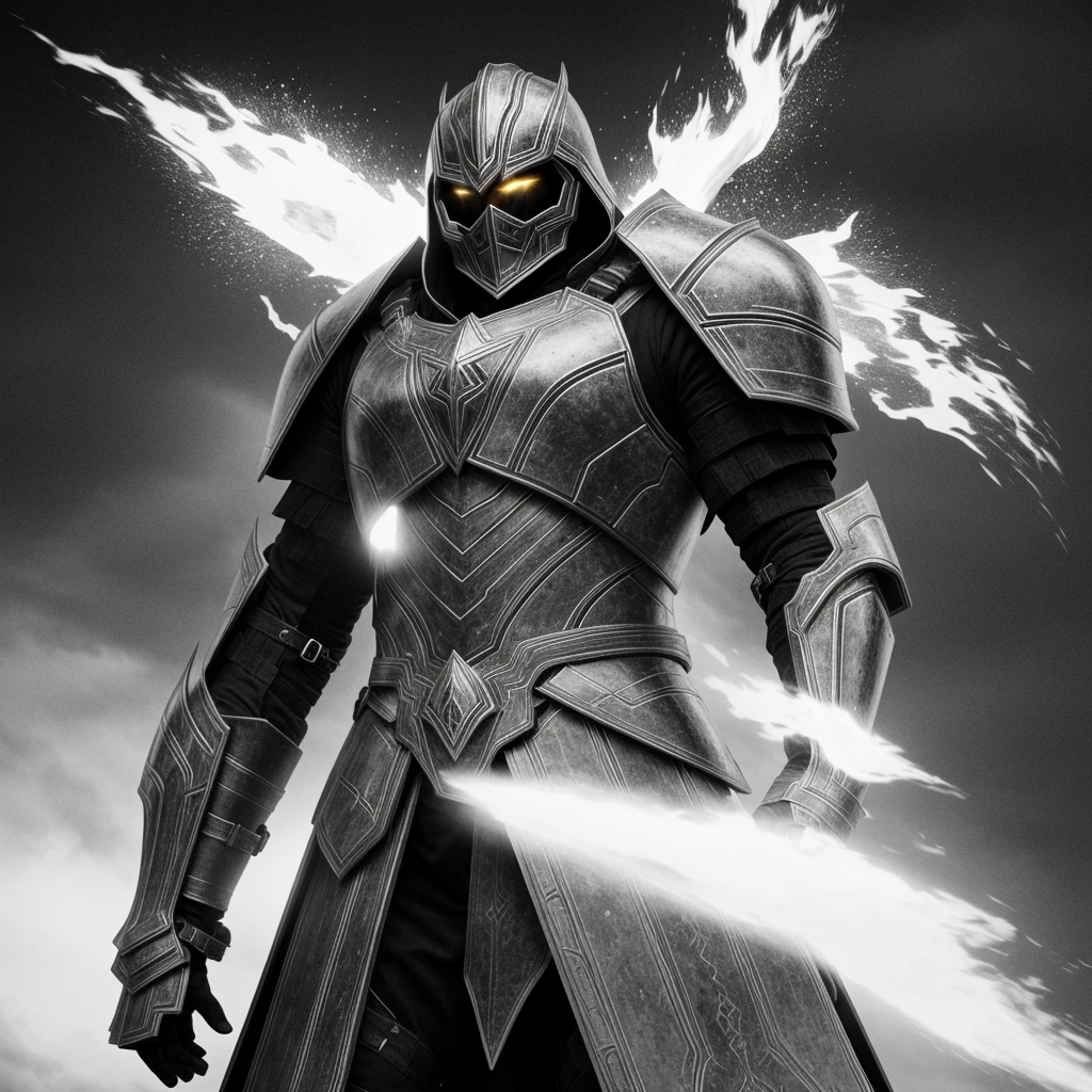 powerful big armor
masterpiece, highly detailed 8k photorealistic raw photography, best quality, low lighting and shadows
a man with futuristic spectral armor of black and white tones, surrounded by a mysterious and enigmatic aura, spectral background, white eyes, white fire comes out of his armor, black and white fire comes out around the armor, the armor is black and white, the background is an abyss with color, the armor is wearing a long tunic, the armor is large, tall and burly, spectral magic around