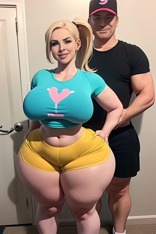 High resolution, (((two people in picture))), (one is a mature white girl, (((bimbo))), thick, long blonde, ponytail, she is smiling , very big wide hips, thick thighs, hourglass figure, small round breast, ((she's wearing dolphin shorts))), (the other is a young muscular man, he's in shorts and a T-shirt, the man standing beside her, (((he's standing very close to her with his hand groping her hip))), (((they're both looking at the viewer smiling))), (((her hip is being groped))), (((he's grabbing her ass)))