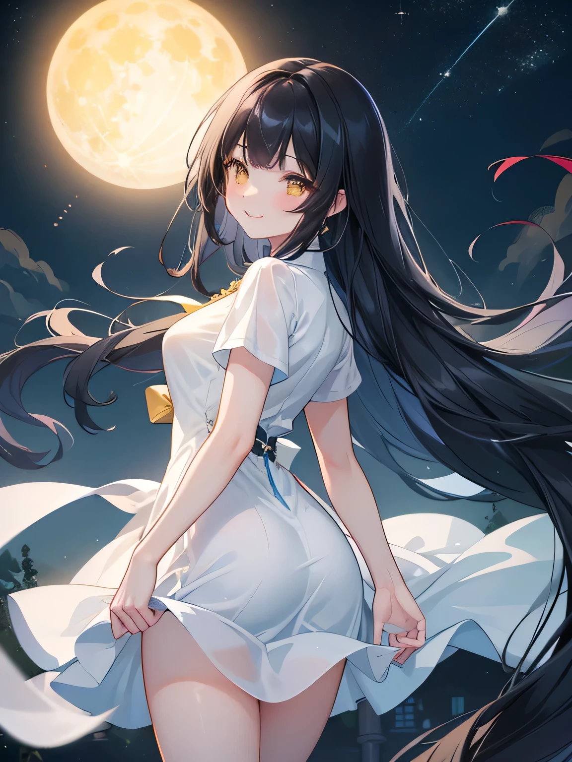 One girl、Beauty、Black Hair、Long Hair、Straight Hair、Soft hair quality、trimmed bangs、Yellow Eyes、Cute smile、Light blue Chinese dress、Long cheongsam、Has a deep slit、Around 20 years old、Full moon in the background、night、Starry Sky