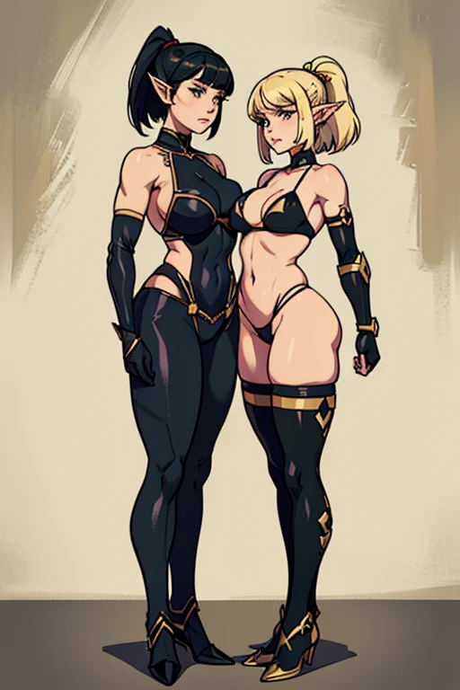 mother and daughter (mother: wide hips, elf pointy ears, full body, standing, revealing armor, curvy, huge breasts, bodysuit, blonde hair, ponytail hairstyle) (daughter: shortstack, small girl, wide hips, elf pointy ears, full body, standing, revealing armor, gloves, black hair, bob cut hairstyle, bikini armor)