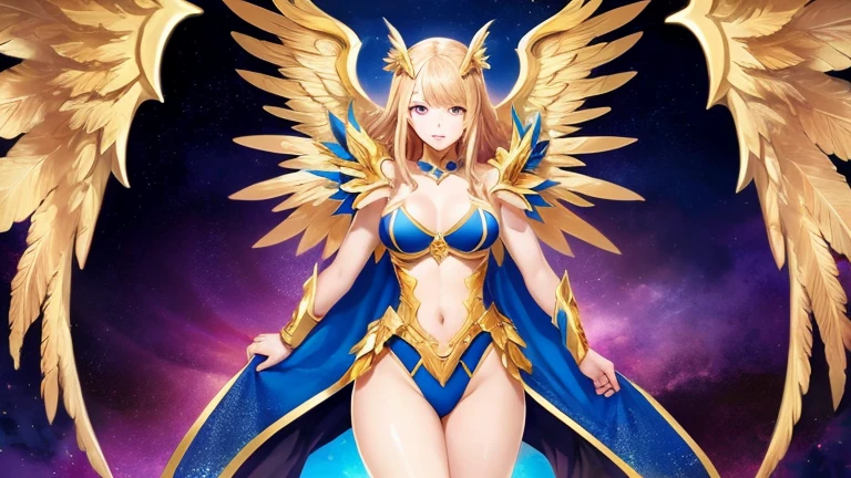 best quality)), ((masterpiece)), (detailed), Top quality、Top image quality、masterpiece，Perfect body， Exquisite and detailed facial features，，Full body shot，A woman in a golden costume with wings,Bikini， Angel Gold Armor, majestic angel, angel knight girl, Final Fantasy Tactics Characters, mystical atlantean valkyrie, Mysterious Valkyrie, Blazing Angel, Maple Leaf Story Character Art, With blazing golden wings, Golden Wings, April renderings, Mysterious Valkyrie, A woman in a golden costume with wings的特写, Best Bust、Optimal waist-hip ratio，Best Body Golden Ratio Concept Art Inspired by PwC, Baroque, Angel Gold Armor, majestic angel, angel knight girl, Final Fantasy Tactics Characters, mystical atlantean valkyrie, Mysterious Valkyrie, Blazing Angel, Maple Leaf Story Character Art, With blazing golden wings, Golden Wings, Battle with orcs，Photographic lenses，Ultra wide-angle lens，First person，