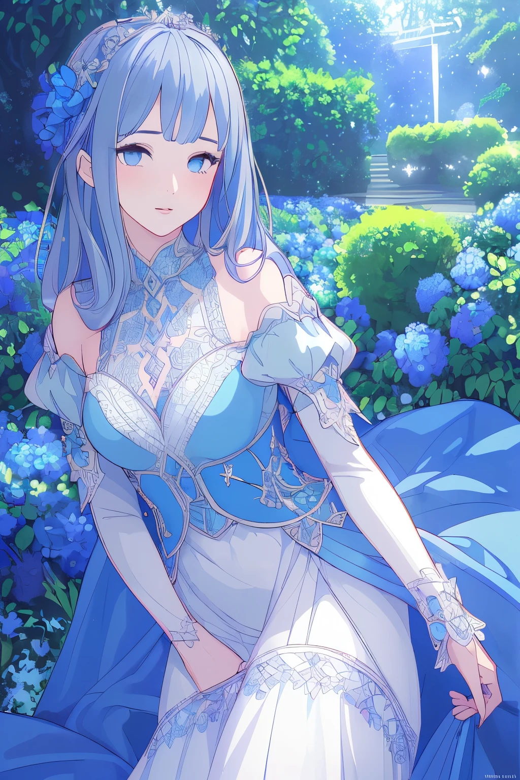 a beautiful princess in a lush garden, vibrant blue sky, detailed face and eyes, volumetric lighting, intricate details, photorealistic, high class fashion, masterpiece, professional digital art, cinematic color palette, using a palette of light pink, muted blue, dark grayish blue, bright blue, very dark gray, and light grayish blue