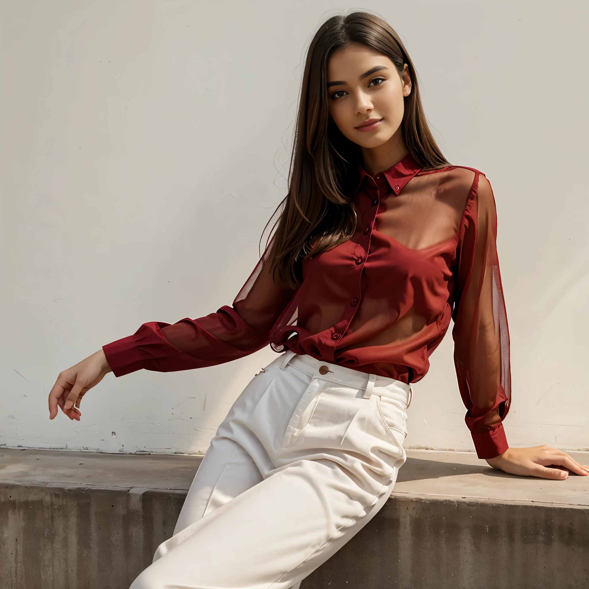 a woman in a red transparent shirt posing for a picture, s-t-2