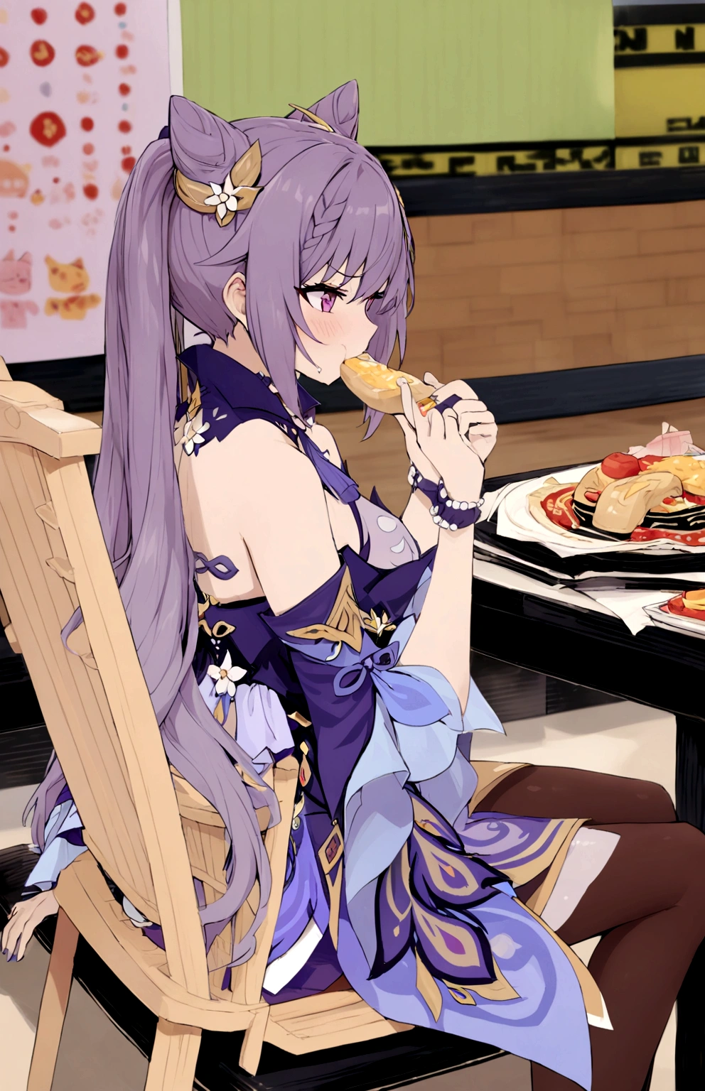 purple hair, hair ornament, twintails, cat ears hairstylem keqing, keqing, eating, sitting