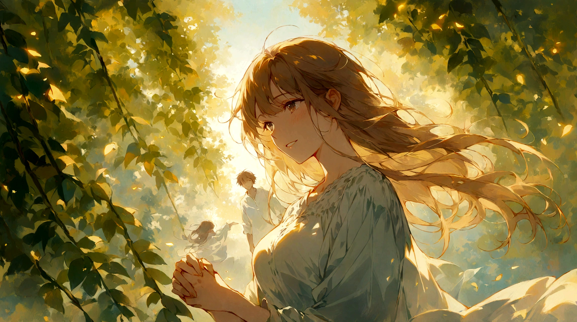 1boy, 1girl, hanging from the willow tree, drifting in the open breeze, cinematic angle, soft light, serene expression, wistful smile, parted lips, gentle wind, flowing hair, holding hands, nostalgic, ethereal atmosphere