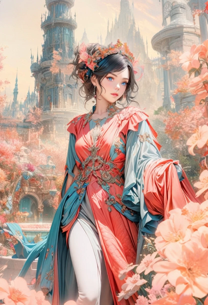 a beautiful princess in a lush garden, vibrant blue sky, detailed face and eyes, volumetric lighting, intricate details, photorealistic, high class fashion, masterpiece, professional digital art, cinematic color palette, using a palette of light pink, muted blue, dark grayish blue, bright blue, very dark gray, and light grayish blue