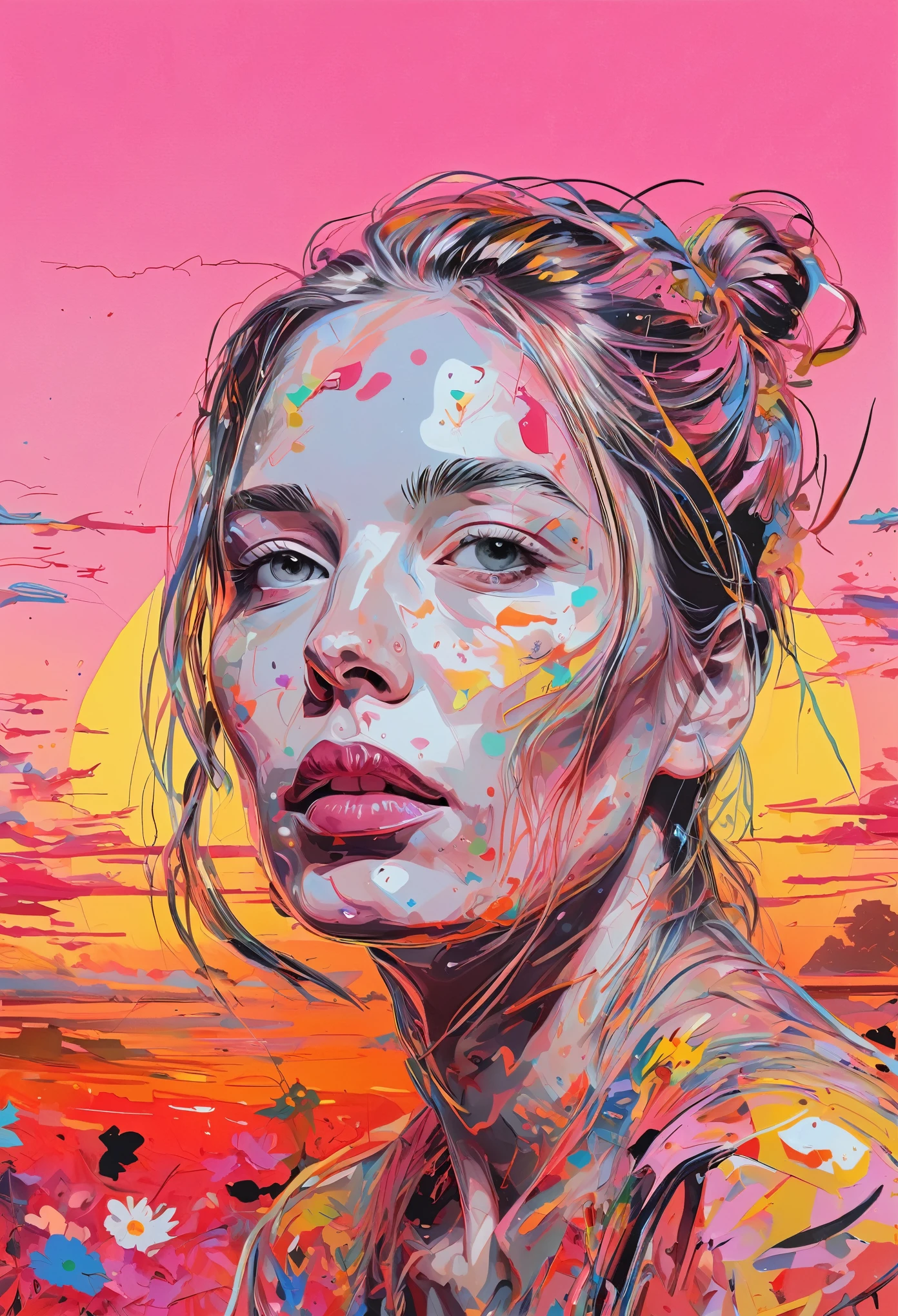 Graffiti, scribble, Comics by Petra Cortright, best quality, masterpiece, sunset artwork, Representative work, official art, Professional, Ultra intricate detailed, 8k, sunset art, colourful background 