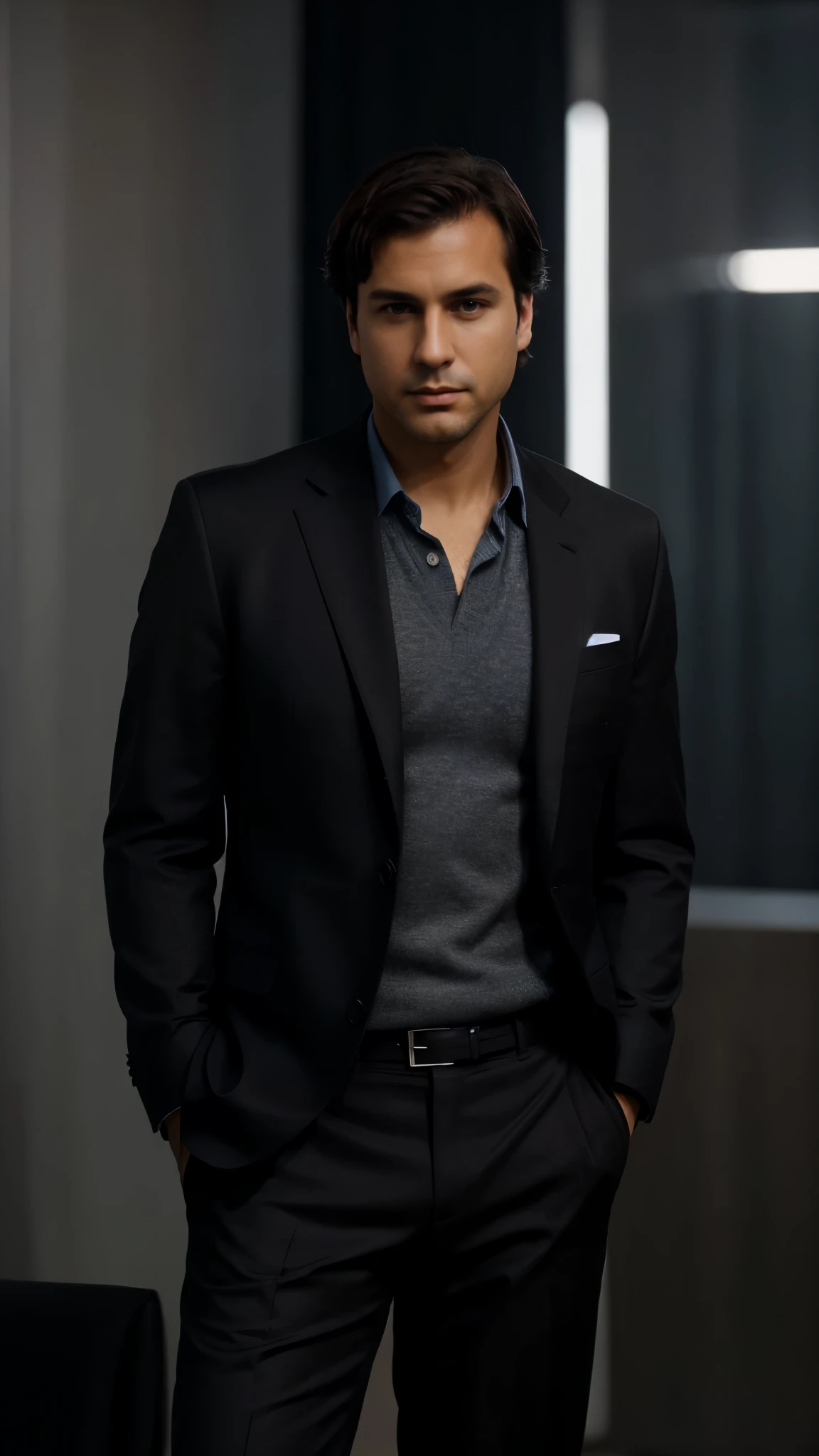 Create a high resolution ((4K)) image of an extremely realistic elegant, thin curvy businessman, slightly thinner face, dark brown hair. He is looking at the camera. wears a ((dark casual suit)), and dark-colored pants. he is standing. the light blurred background, high resolution image.
