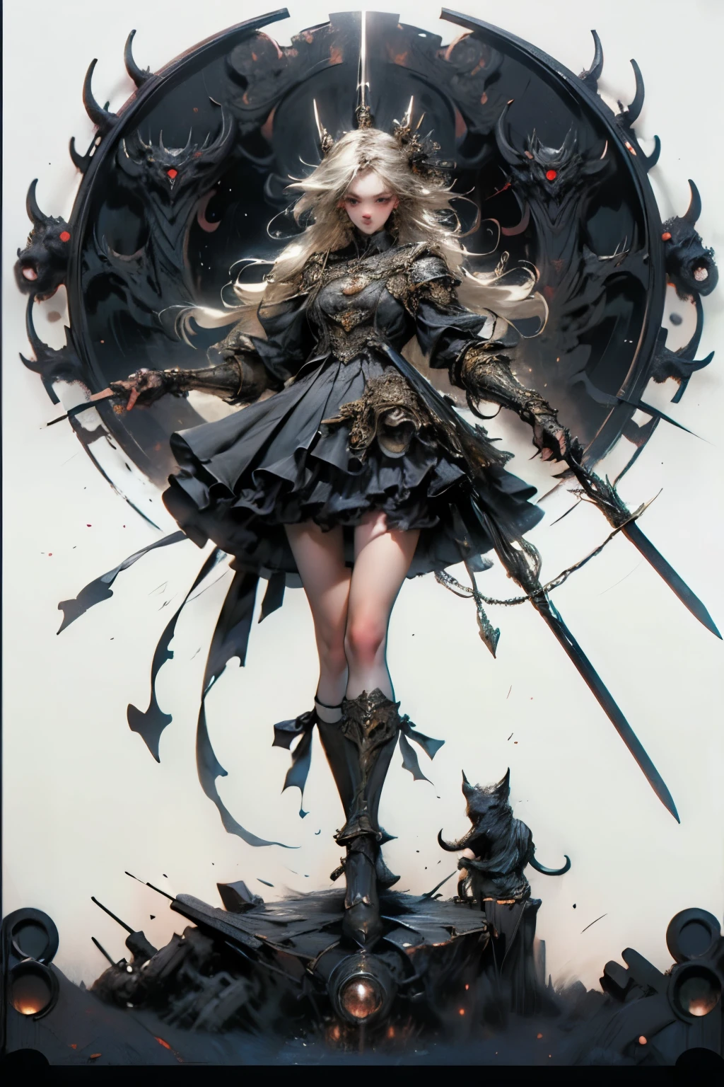 ((best quality)), ((masterpiece)), (detailed), perfect face ((best quality)), ((masterpiece)), (detailed), blank white background, plain background, white background, Bloodborne inspired, occult aesthetic, occult, detailed and intricate steampunk and detailed gothic, (zentangle, mandala, tangle, entangle), NSFW, torn clothing, Very dramatic and cinematic lighting, cosmic horror, grim-dark, side-lighting, perfect face, a beautiful goddess adorned and enshrined in armour, Bloodborne inspired , occult aesthetic , occult , detailed and intricate steampunk and detailed gothic , wielding a sword and holding a shield, NSFW, Fluttering lace flared short dress with frilly petticoats, knee length dress, pleated petticoats, ta dress, petticoats gothic loliside-lighting, gothic lolita aetic, beautiful small breasts, small breasts, full body, whole body, body, plain background, white background, blank background, no background, white background NSFW, full body, whole body, head-to-toe
