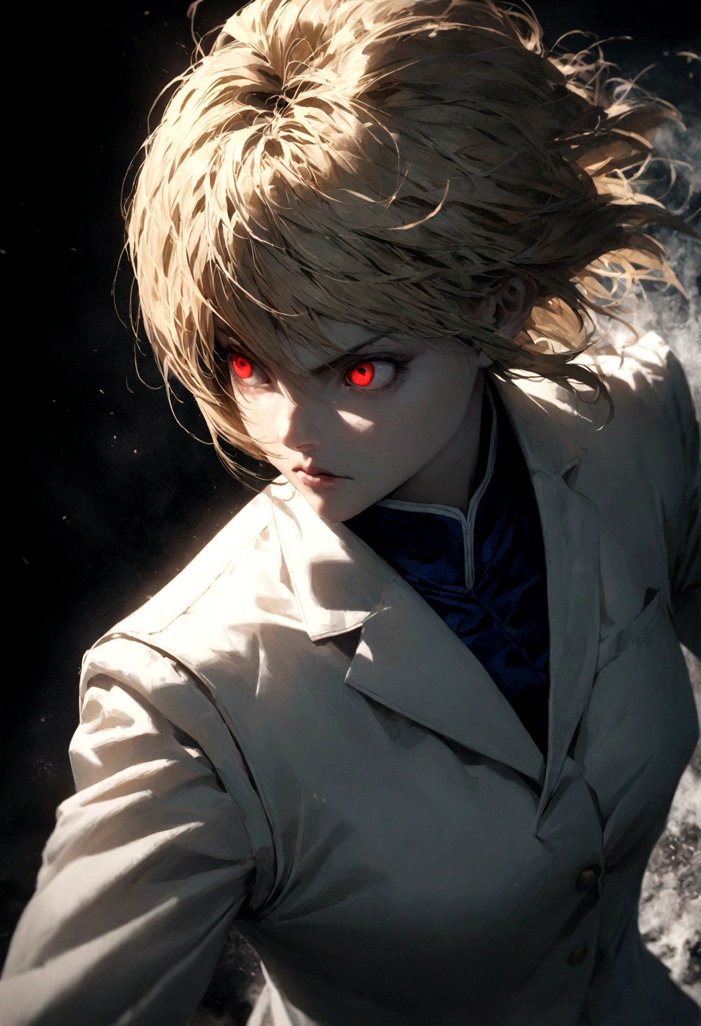 a highly detailed and realistic portrait of Kurapika from the anime Hunter x Hunter, with his scarlet eyes glowing with intensity, determined expression, long blonde hair, wearing a white suit, standing in a dark and ominous background, dramatic lighting, cinematic composition, hyper detailed, 8K, fighting