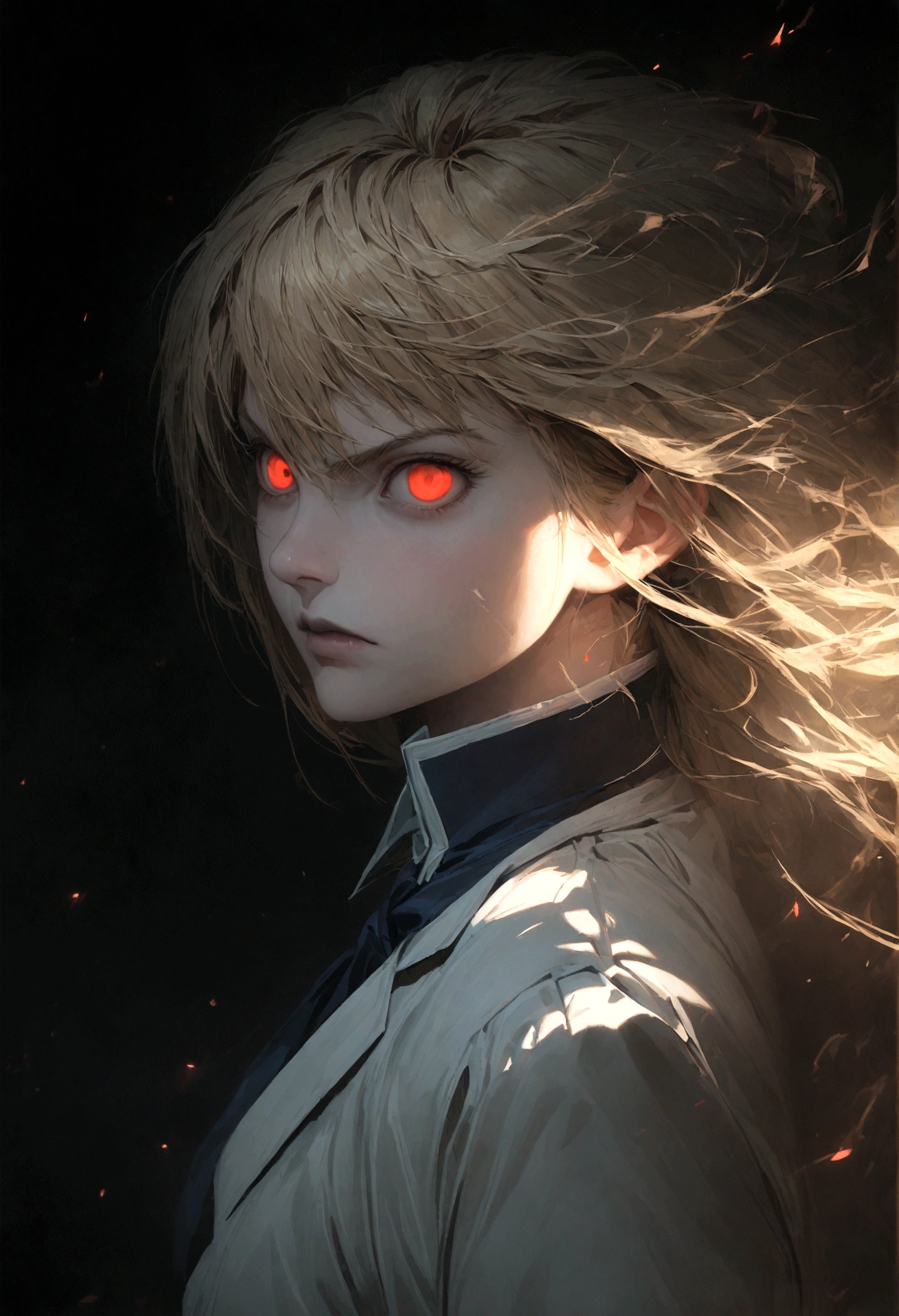 a highly detailed and realistic portrait of Kurapika from the anime Hunter x Hunter, with his scarlet eyes glowing with intensity, determined expression, long blonde hair, wearing a white suit, standing in a dark and ominous background, dramatic lighting, cinematic composition, hyper detailed, 8K, fighting