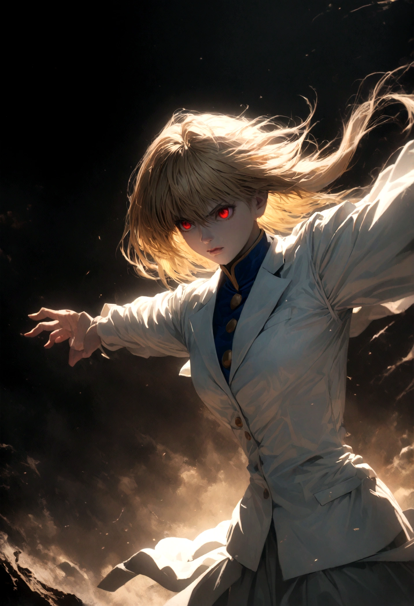 a highly detailed and realistic portrait of Kurapika from the anime Hunter x Hunter, with his scarlet eyes glowing with intensity, determined expression, long blonde hair, wearing a white suit, standing in a dark and ominous background, dramatic lighting, cinematic composition, hyper detailed, 8K, fighting