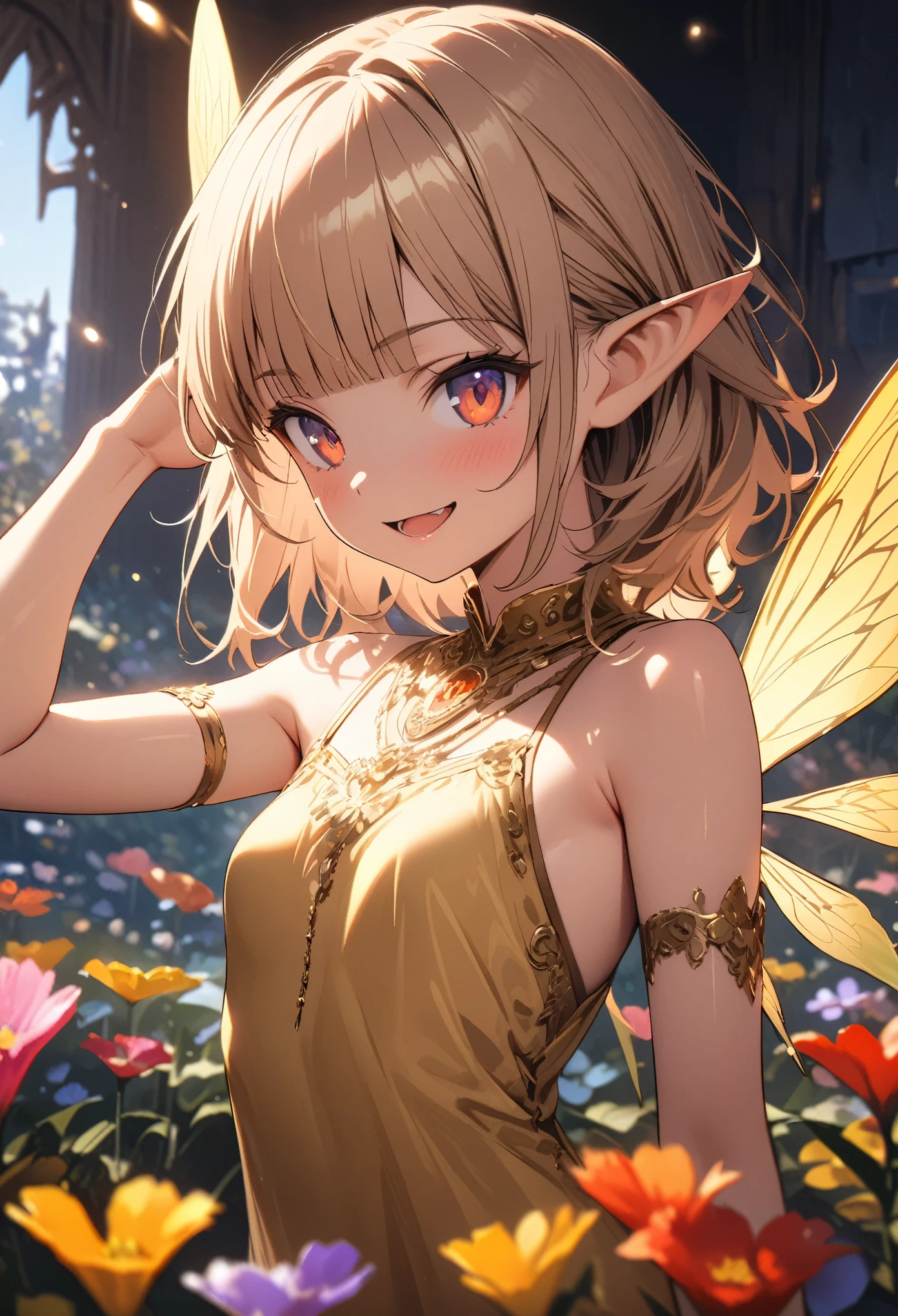 ((Masterpiece)), ((best quality)), (Anime:1.4), (super detail:1.2), (High Definition:1.3), (Professional Photography:1.3), (wide shot), (sharp focus), (perfect light), profile, (()), 1girl, (Fairy girl:1.3), cinematic lighting, Textured skin, messy hair, (loose blunt bangs), teenage Fairy girl, hand up, (slightly exposed small breast), (Gold embroidery Noble Shirt), (Healthy slim body), small breasts, cute eyes, ((naughty smile)), (open mouth), Textured skin, pale brown hair, Cute Beautiful girl, ((Vibrant Pose)), (outside the Beautiful colorful flower fields),