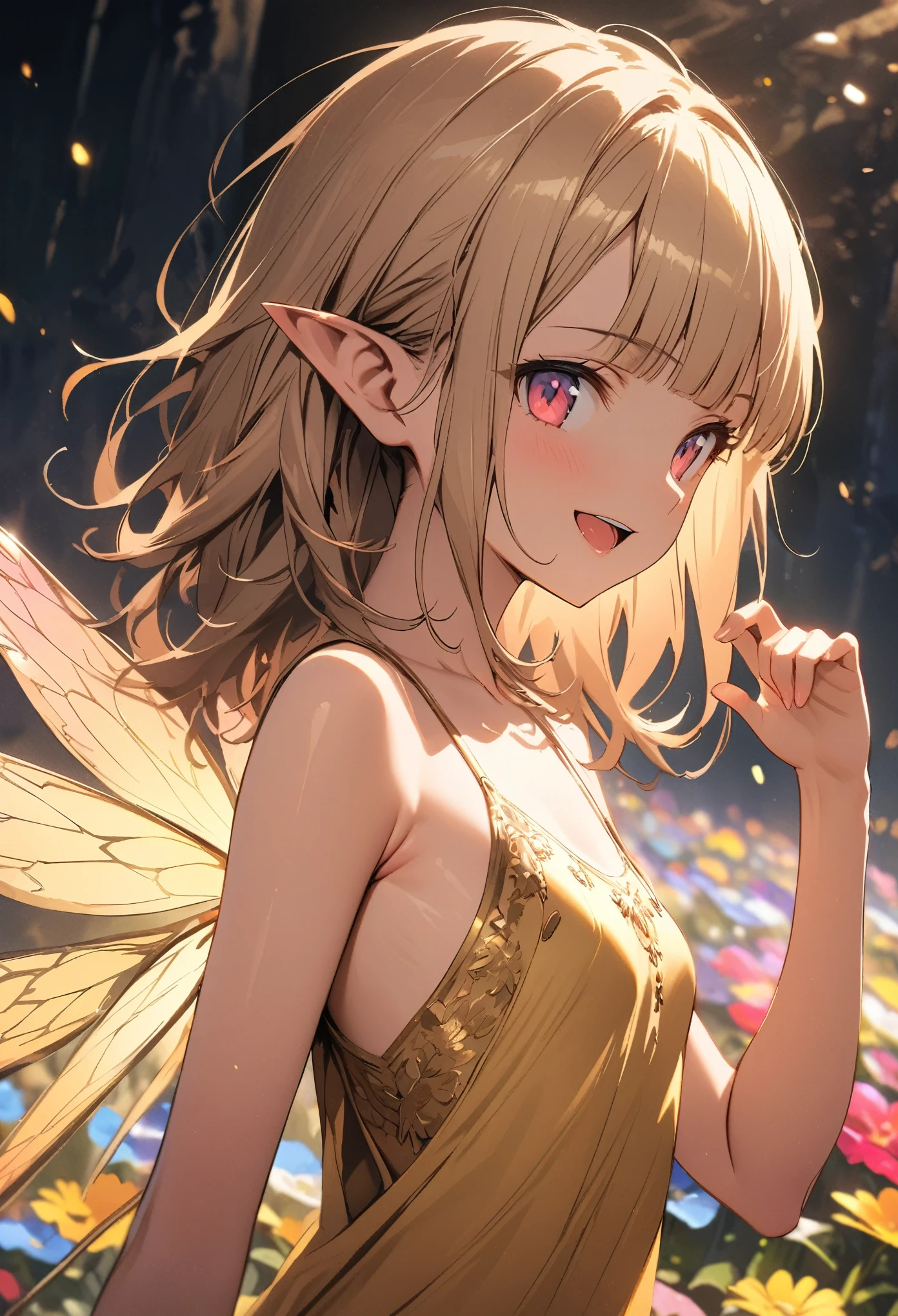 ((Masterpiece)), ((best quality)), (Anime:1.4), (super detail:1.2), (High Definition:1.3), (Professional Photography:1.3), (wide shot), (sharp focus), (perfect light), profile, ((12 years old)), 1girl, (Fairy girl:1.3), cinematic lighting, Textured skin, messy hair, (loose blunt bangs), teenage Fairy girl, hand up, (slightly exposed small breast), (Gold embroidery Noble Shirt), (Healthy slim body), small breasts, cute eyes, ((naughty smile)), (open mouth), Textured skin, pale brown hair, Cute Beautiful girl, ((Vibrant Pose)), (outside the Beautiful colorful flower fields),