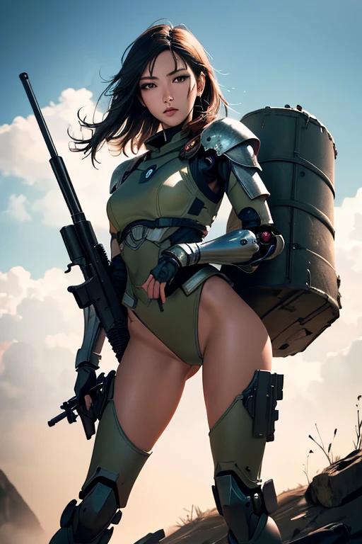head to bust:1.5、survival game、Robot-like heavily armored soldier、survival gameのフィールド、A beautiful girl is holding a firearm、Vulcan cannon、m134 milligun、Material Rifle、heavy machine gun、ironman、