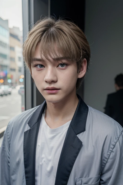 Hwang Hyunjin idol of Straykids Group with short blonde hair and gray-blue eyes, naturally purple lips and pale skin,es hombre.