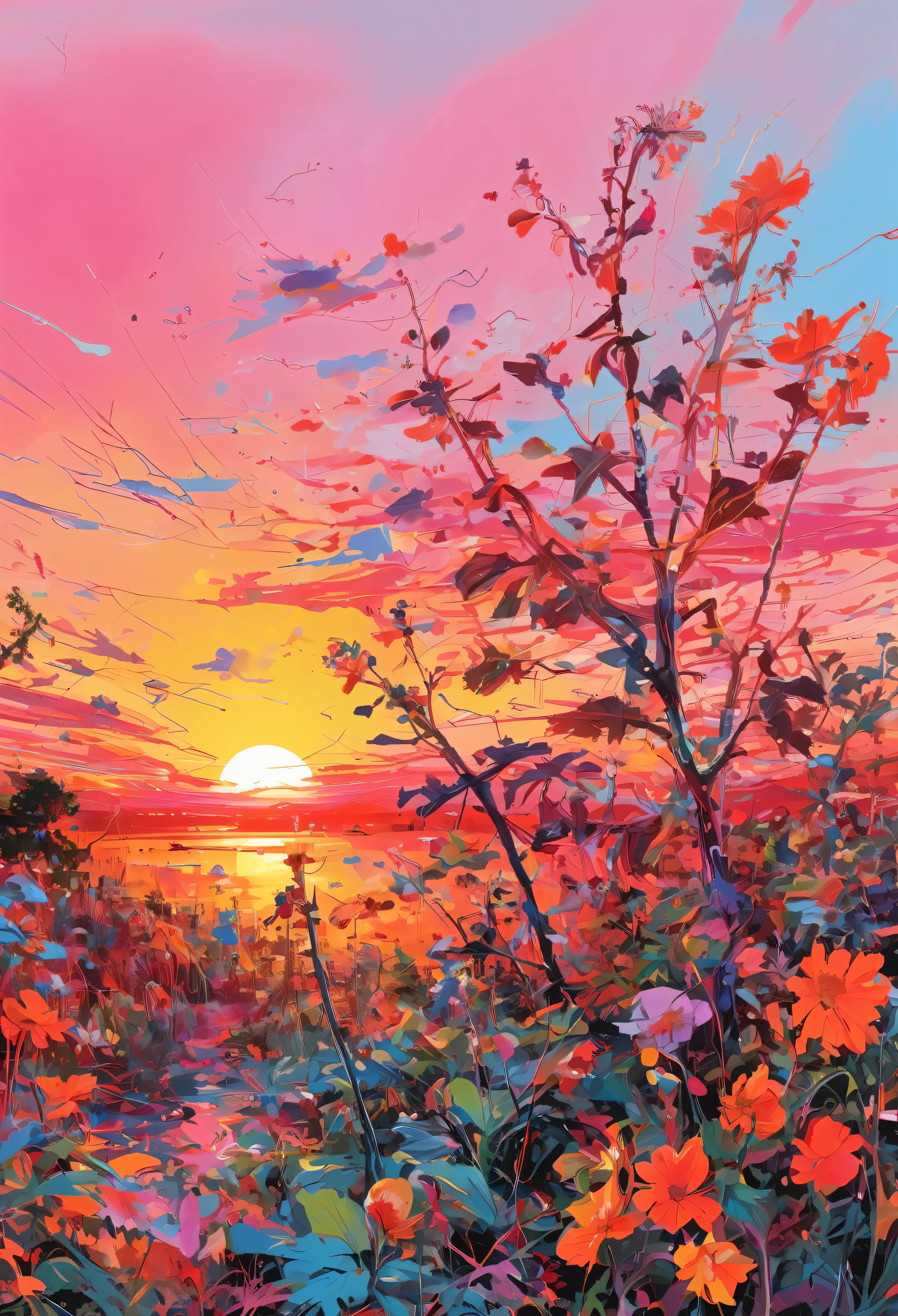 Graffiti, scribble, Comics by Petra Cortright, best quality, masterpiece, sunset artwork, Representative work, official art, Professional, Ultra intricate detailed, 8k, sunset art, colourful background