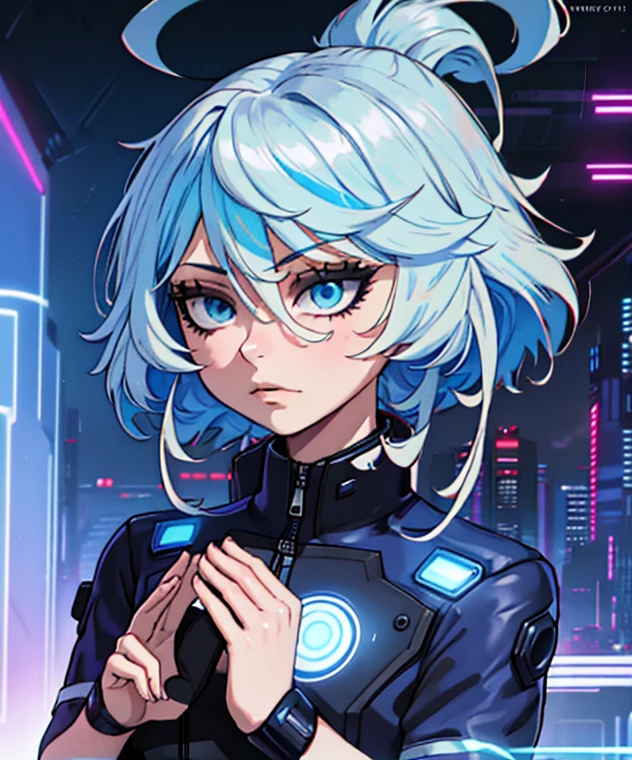 Portrait, portrait style, Furina Focalors, cute and sexy girl, blue short sleeve jacket, cyberpunk, cyberpunk style, Hologram, hologram interface, cyber interface, augmentations, cyberpunk augmentations, streat, night city, rain, heavy rain. No hands