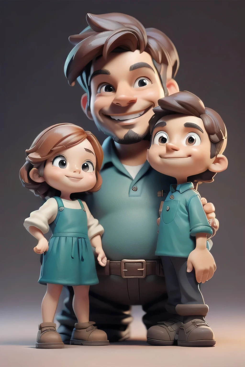 clay material, 3d cartoon, a figure of a cute Dad smiling with his (son) and a cute (daughter), full body, complete