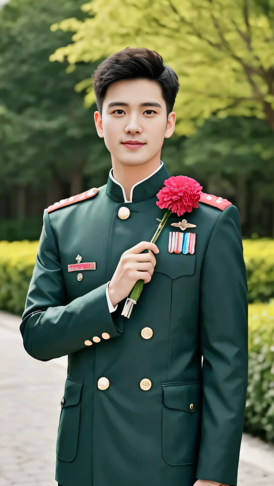 4k, (masterpiece), best of quality,  2d, arafed man in a  posing for a picture, Wearing Uniform,, Embroidered uniform guard, Wearing military uniform, yanjun chengt, Dressed in full military green, officer, Unified background, Wearing a general\of，Upper body unobstructed photos，Green Clothing，Holding carnation flowers，Happy Mother's Day，Holding a big pink flower in hand，Pink large flowers，