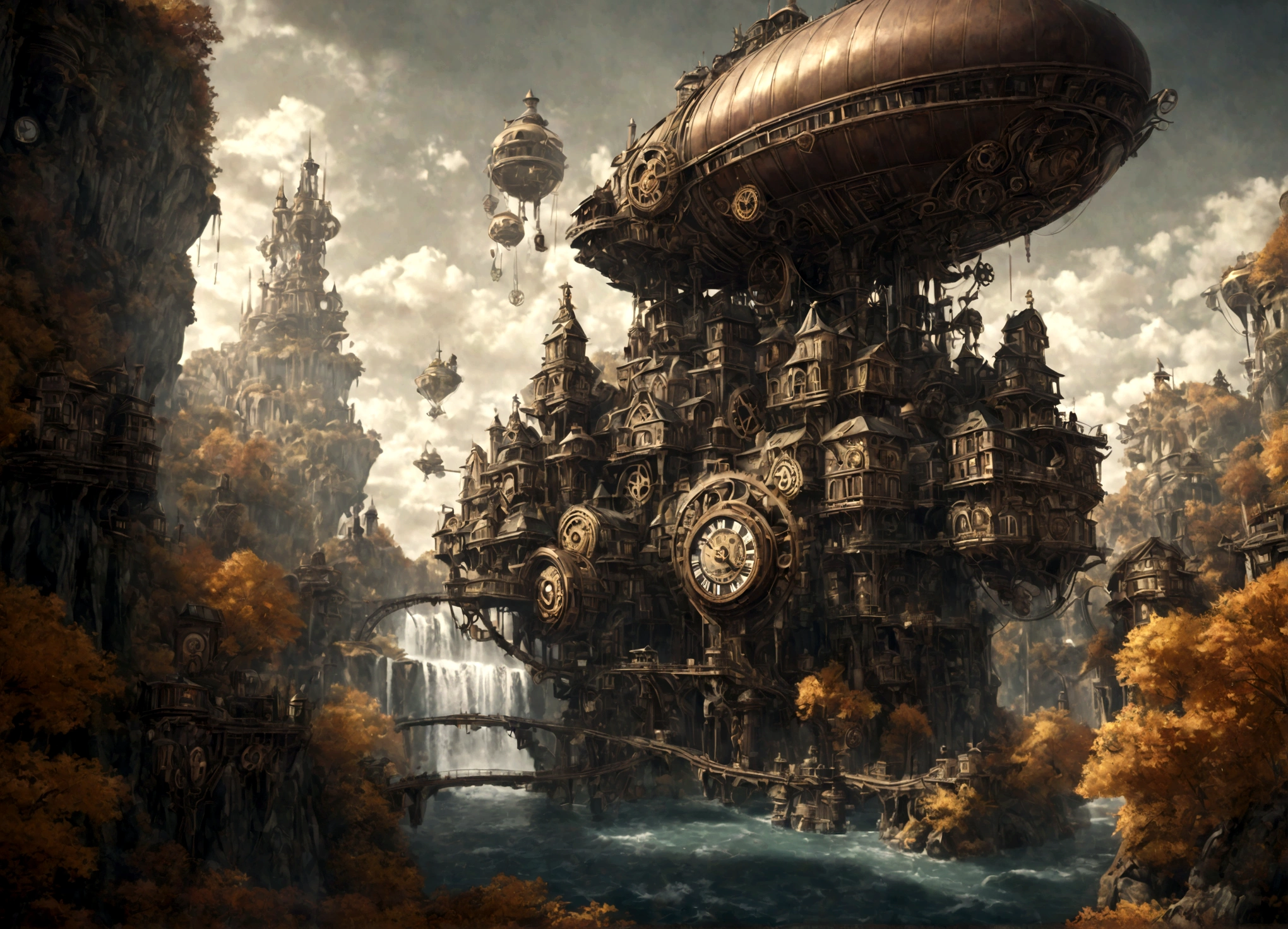 a beautiful steampunk clockwork city, small airships floating around, pleasant sunny day, floating islands and waterfalls, autumn themed forest, detailed mechanical gears, intricate clockwork mechanisms, muted color palette, warm lighting, cinematic composition, highly detailed, photorealistic, 8k, masterpiece