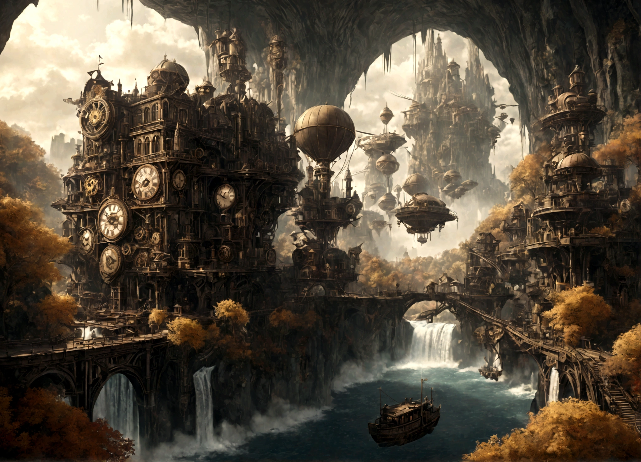 a beautiful steampunk clockwork city, small airships floating around, pleasant sunny day, floating islands and waterfalls, autumn themed forest, detailed mechanical gears, intricate clockwork mechanisms, muted color palette, warm lighting, cinematic composition, highly detailed, photorealistic, 8k, masterpiece