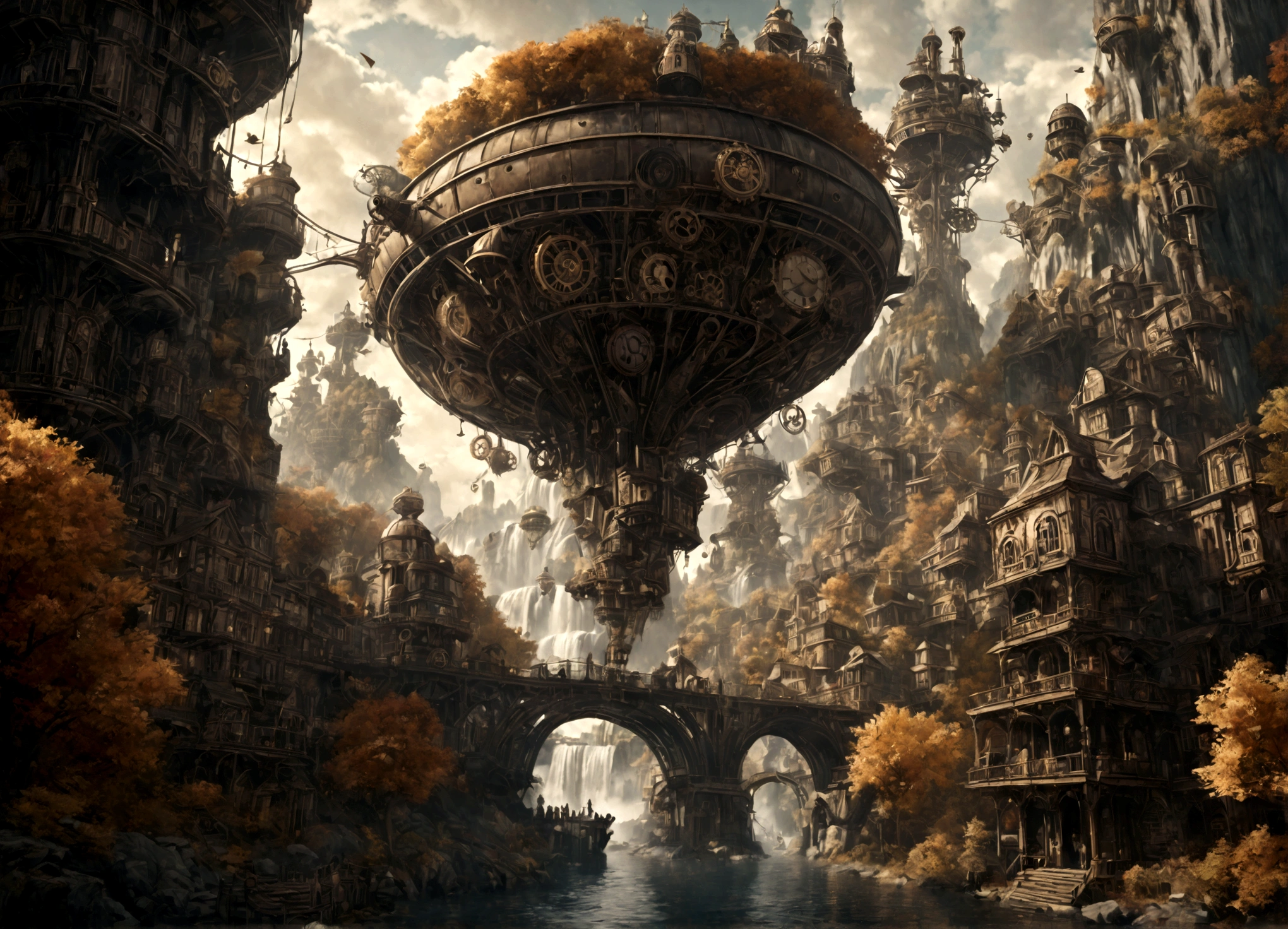 a beautiful steampunk clockwork city, small airships floating around, pleasant sunny day, floating islands and waterfalls, autumn themed forest, detailed mechanical gears, intricate clockwork mechanisms, muted color palette, warm lighting, cinematic composition, highly detailed, photorealistic, 8k, masterpiece