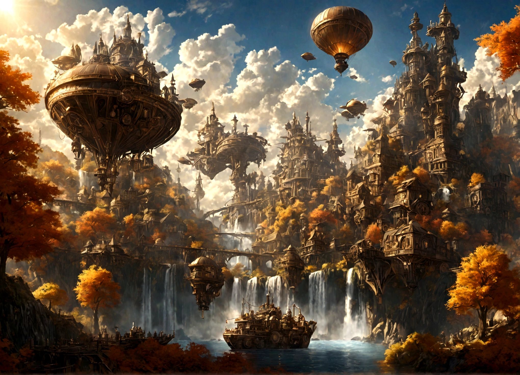 a beautiful steampunk clockwork city, small airships, floating islands, waterfalls, autumn themed forest, detailed architecture, advanced machinery, gears, brass, copper, beautiful sky, sunlight, lens flare, dramatic lighting, intricate details, photorealistic, highly detailed, cinematic, concept art style
