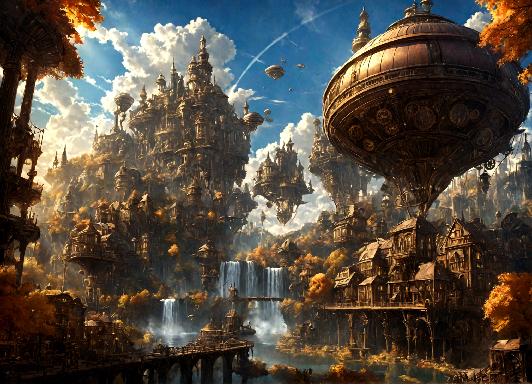 a beautiful steampunk clockwork city, small airships, floating islands, waterfalls, autumn themed forest, detailed architecture, advanced machinery, gears, brass, copper, beautiful sky, sunlight, lens flare, dramatic lighting, intricate details, photorealistic, highly detailed, cinematic, concept art style