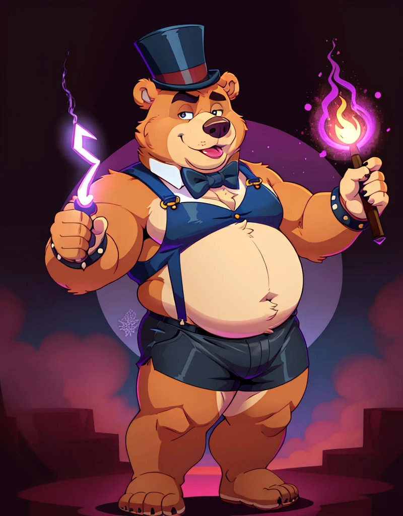 A red chubby male anthropomorphic bear wearing,a magician vest, short shorts, suspenders, top hat, bowtie and cuffs, holding a magical wand,