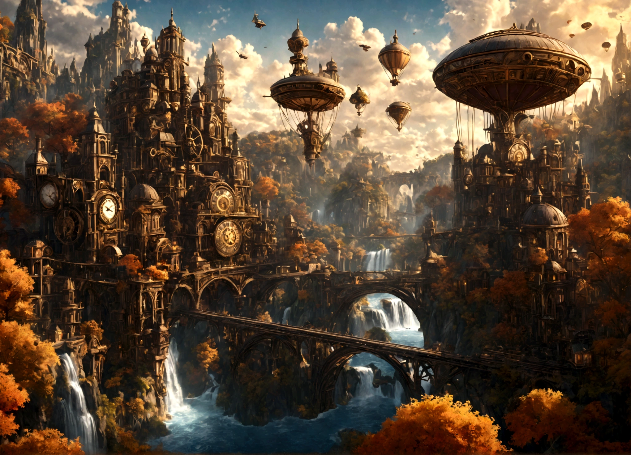 a beautiful steampunk clockwork city, small airships, floating islands, waterfalls, autumn themed forest, detailed gears, brass accents, warm lighting, cinematic composition, highly detailed, intricate architecture, whimsical atmosphere, photorealistic, 8k, best quality