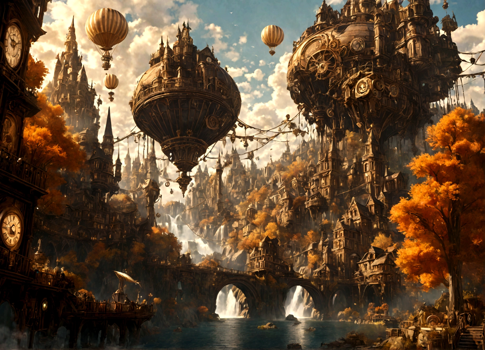 a beautiful steampunk clockwork city, small airships, floating islands, waterfalls, autumn themed forest, detailed gears, brass accents, warm lighting, cinematic composition, highly detailed, intricate architecture, whimsical atmosphere, photorealistic, 8k, best quality