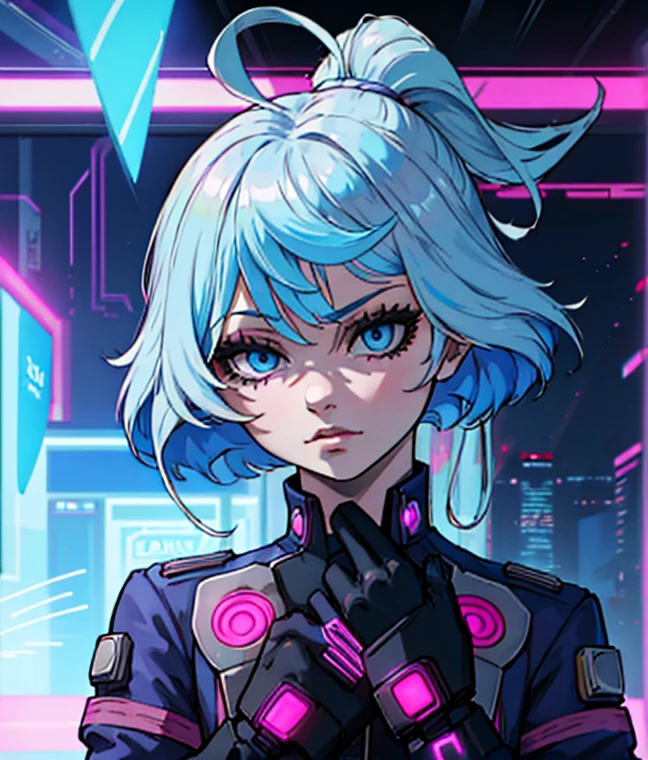 Portrait, portrait style, Furina Focalors, cute and sexy girl, blue short sleeve jacket, cyberpunk, cyberpunk style, Hologram, hologram interface, cyber interface, augmentations, cyberpunk augmentations, streat, night city, rain, heavy rain. No hands