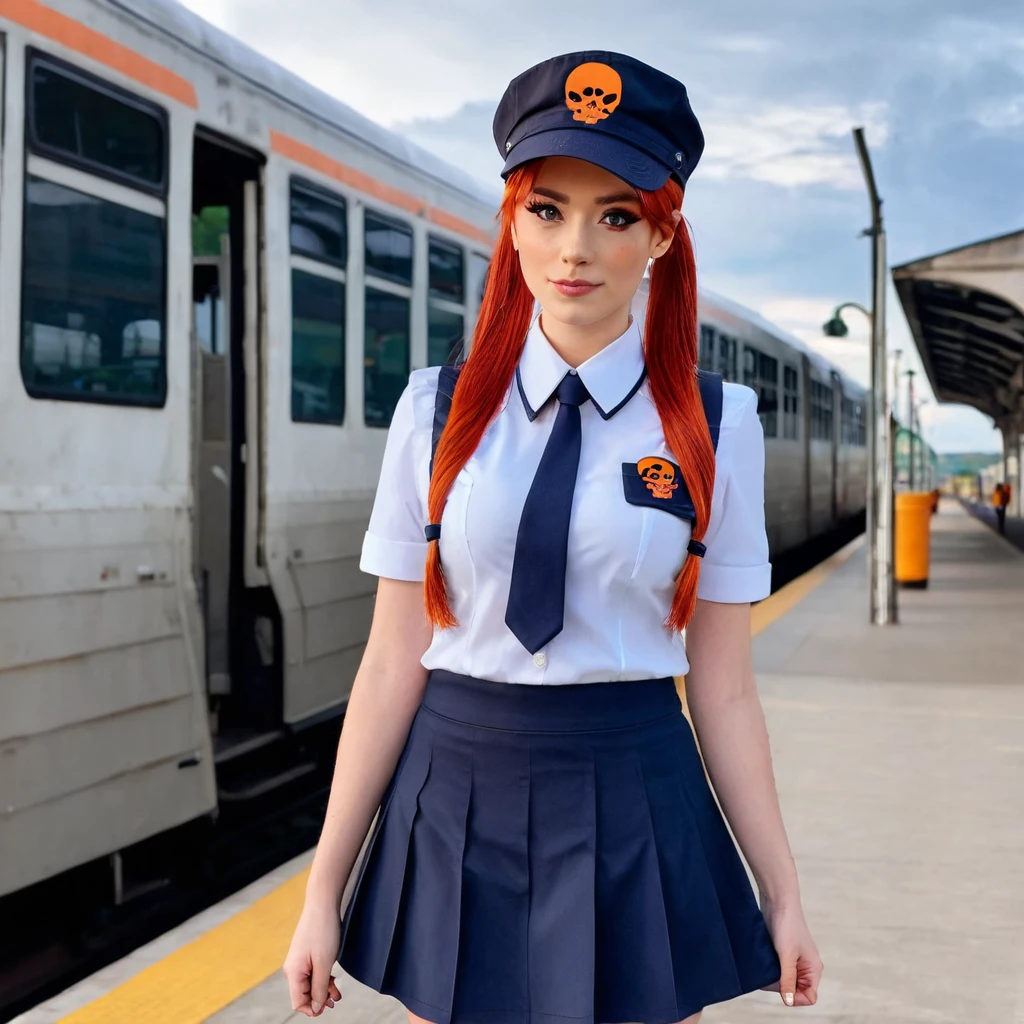 1girl, solo, red hair, red eyes, twintails, employee uniform, pencil skirt, skull print, navy cap, orange sky,, outdoors, train station, standing in front of bus,, 