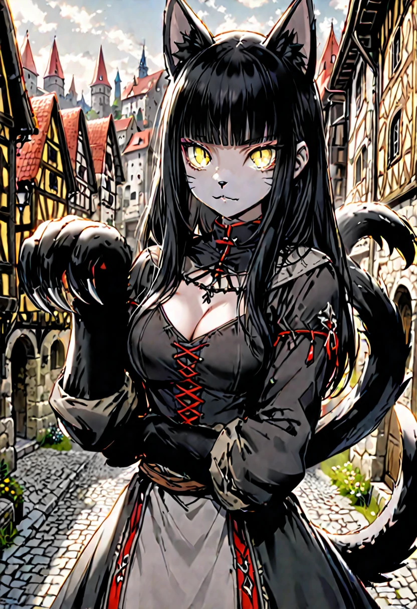 female, sfw, long hair, black hair, straight bangs, black cat ears, black cat tail, furry arms, animal hands, claws, black fur, medieval, cleavage, villager clothes, town, yellow eyes, slit pupils