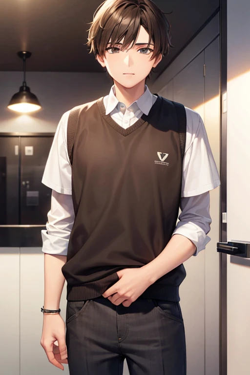 a 20 year old boy with short brown hair (standing) (white clothes)
