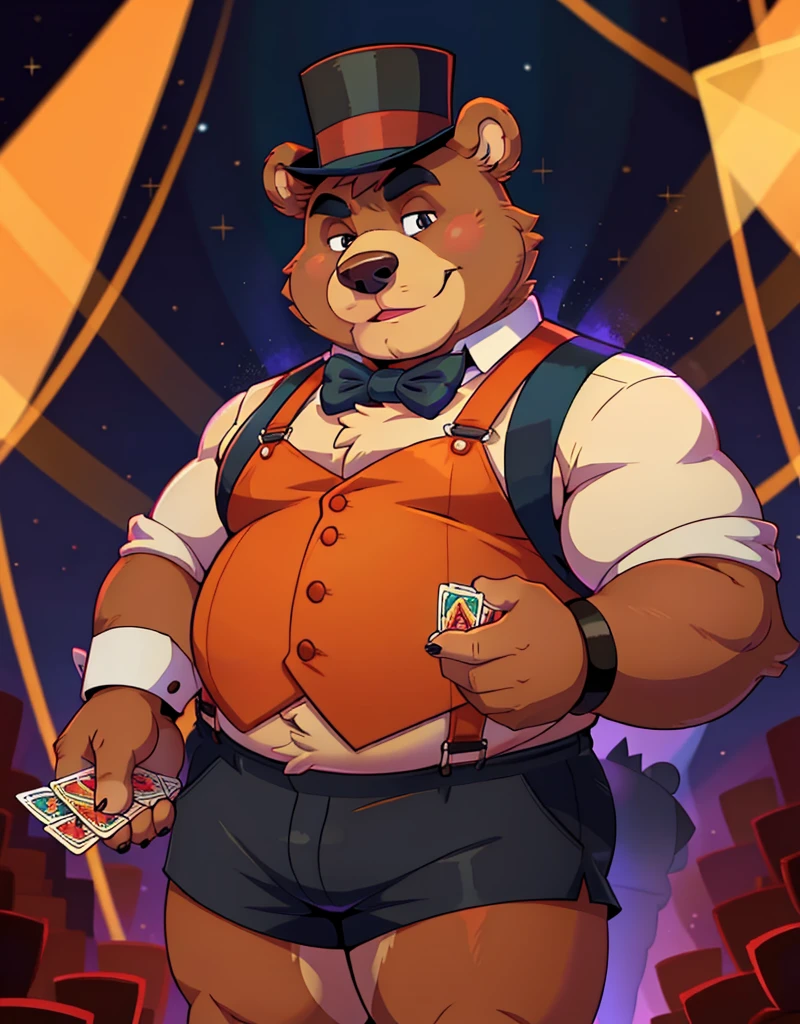 A red chubby male anthropomorphic bear wearing,a vest, short shorts, suspenders, top hat, bowtie and cuffs, holding magical cards