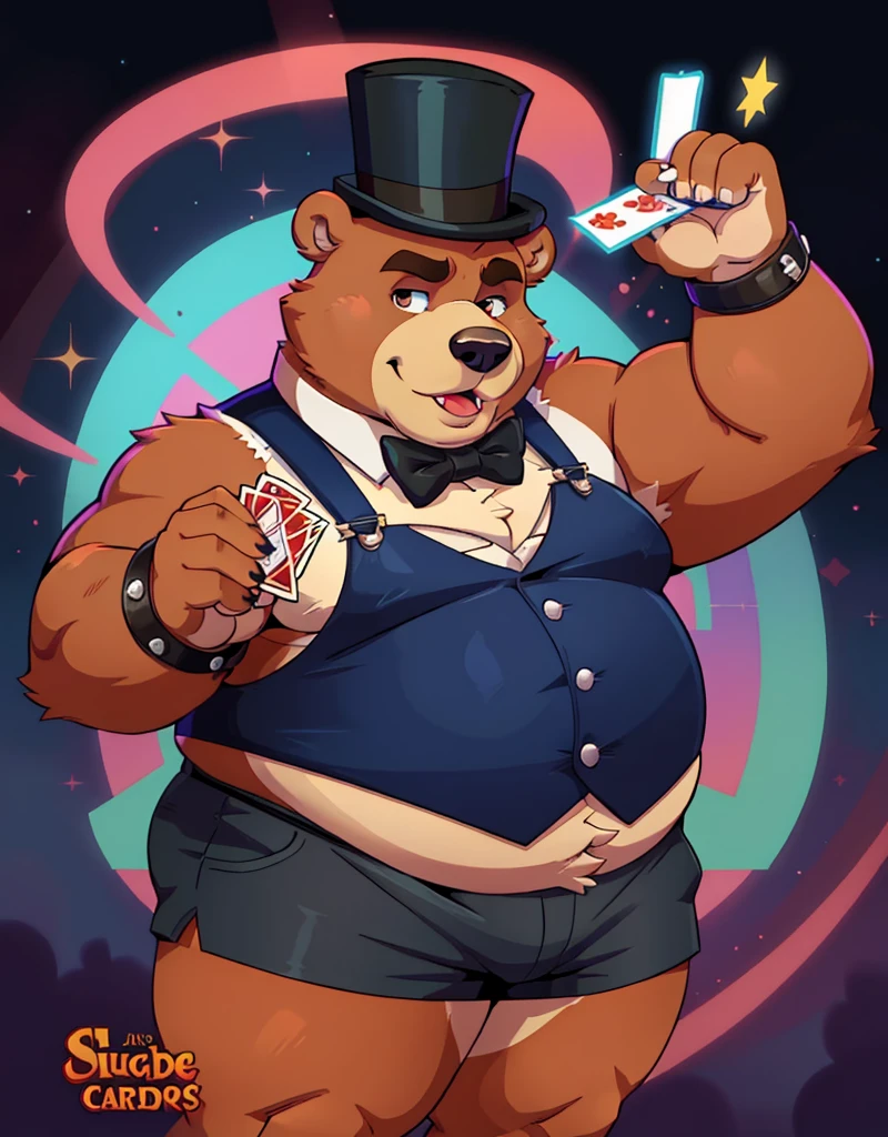 A red chubby male anthropomorphic bear wearing,a vest, short shorts, suspenders, top hat, bowtie and cuffs, holding magical cards