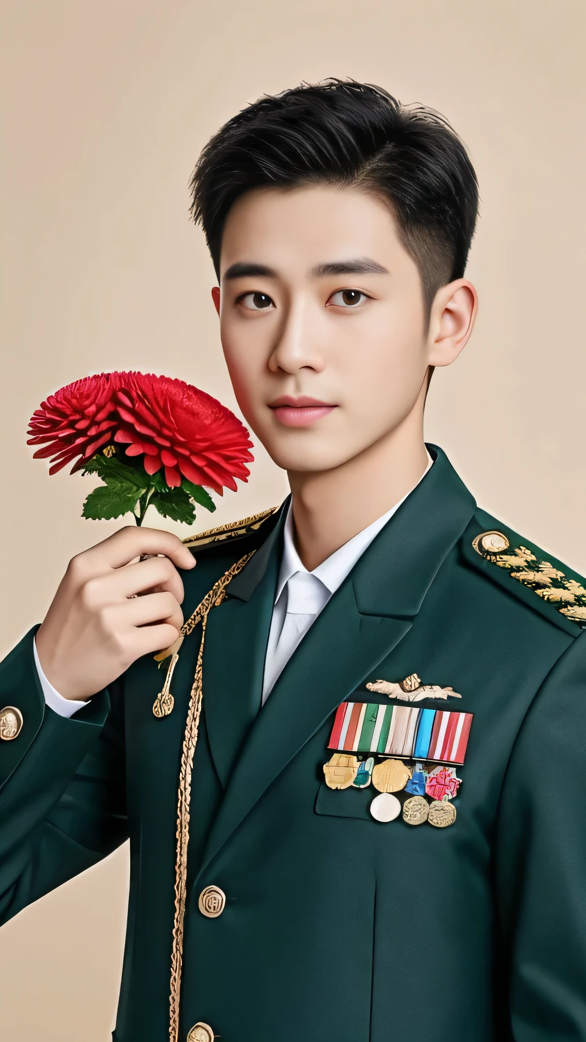8k, (masterpiece), best of quality, 2d, arafed man in a posing for a picture, Wearing Uniform,, Embroidered uniform guard, Wearing military uniform, yanjun chengt, Dressed in full military green, officer, Unified background, Wearing a general\of,Upper body unobstructed photos,Green Clothing,Holding carnation flowers,Happy Mother's Day,Holding a big pink flower in hand,Pink large flowers,