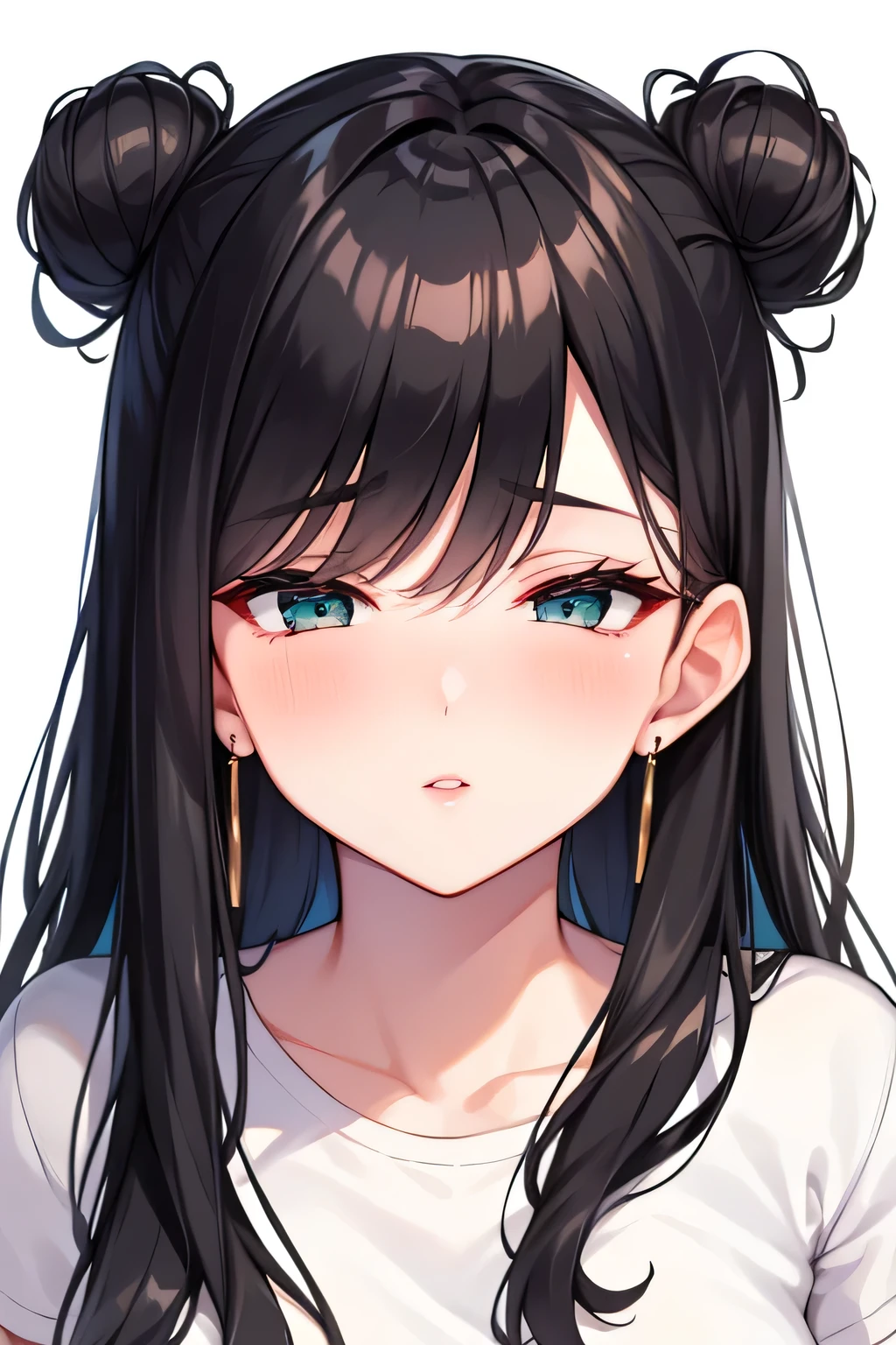 Amazing portrait of a sexy and woman with a beautiful face with seductive eyes gazing intensely at me with her soft lips parted in anticipation of a kiss which is making her blush intensely her lips are also curved in a soft smile she has her luscious black hair in a cute bun wearing a black and white striped t shirt and a dark green skirt paired with some elegant earrings her t shirt showing her medium chest and perfect body off