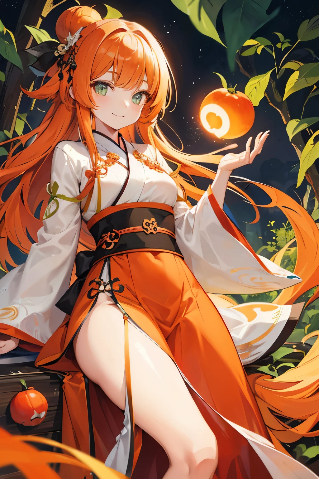 Orange hair, long hair, green eyes, girl, smile, masterpiece, high definition, hanfu, traditional clothing, persimmon, tadpole eyebrows